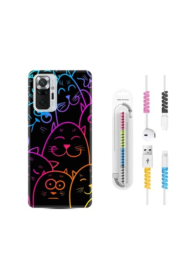 Xiaomi Redmi Note 10S Kilif +Kablo Koruyucu Neon Cats 1790 539557560