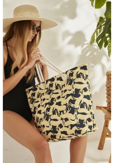 Kadın Zebra Desenli Plaj Çantası-Sarı