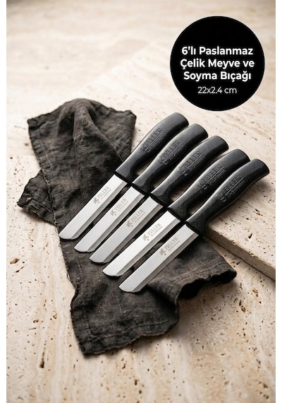 Feller 6'lı Lazer Tırtıklı Paslanmaz Çelik Sebze Meyve Bıçağı 22x2.4 Cm - Siyah Saplı Soyma Ve Doğrama Seti