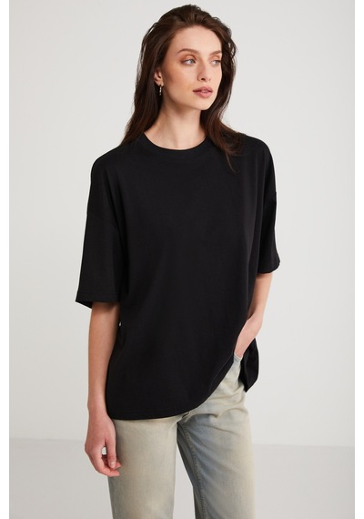 ETHIQUET AGERTHA Kadın %100 Organik Pamuklu Regular Fit Bisiklet Yaka Kısa Kollu Siyah T-shirt