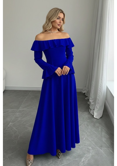 Defymoda Kadın Modern Kesim Fırfır Detaylı Elbise Mavi