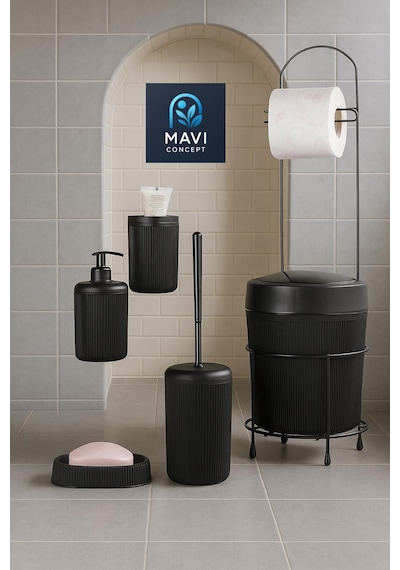 6 Parça Banyo Seti Çöp Kovalı Tuvalet Kağıtlığı-tuvalet Fırçası-sıvı Ve Katı Sabunluk-diş Fırçalık Siyah