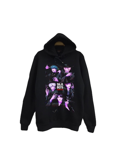 K-pop Demon Hunters Saja Boys Baskılı Unisex %100 Pamuk Siyah Kapüşonlu Sweatshirt Siyah