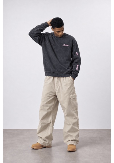 Respire Erkek About Baskılı Yıkamalı Oversize Sweatshirt Siyah