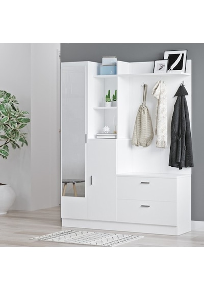 Yurudesign Wisdom Vestiyer Ayakkabılık Portmanto Aynalı Raf Beyaz