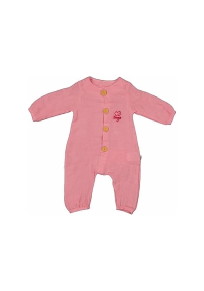 Tongs Baby Dear_Enika Kız Bebek Pembe Organik Düğmeli Keten Tulum Uzun Kollu Tulum