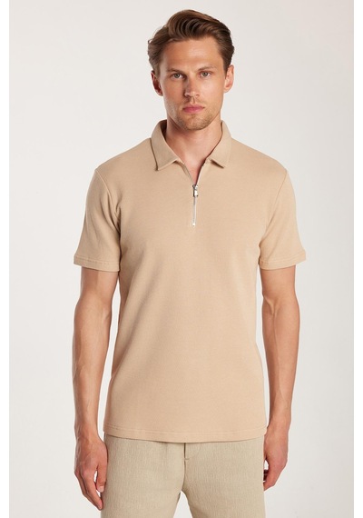Tudors Erkek Slim Fit Dar Kesim %100 Pamuk Fermuarlı Bej Polo Yaka Tişört-33942 Bej