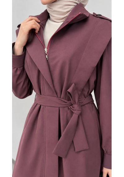 Nevayla Moda Kuşaklı Fermuarlı Mevsimlik Trençkot - Mürdüm / M0116