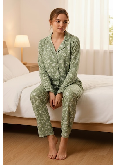 Süet Gömlek Pijama Takımı 7006 Doğa Yeşil Haki