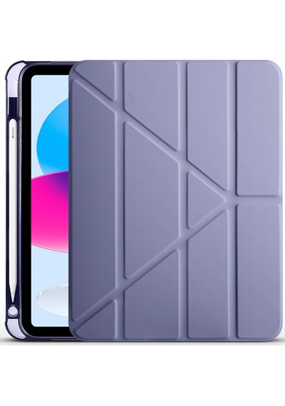 İpad 10.9 2022 10.nesil A2696-a2757-a2777-a3162 Uyumlu Kalem Bölmeli Dönebilen Üçgen Standlı Tri Folding Tablet Kılıfı - Mor - T25971