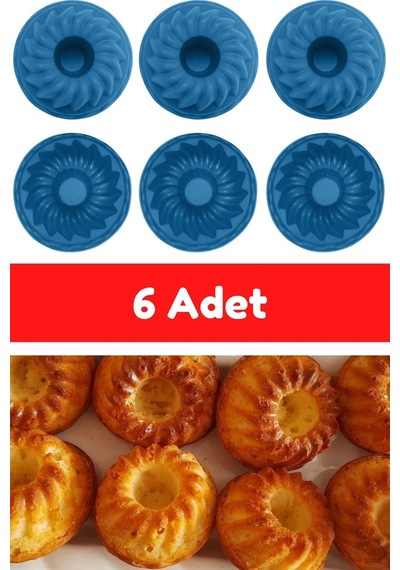 Mavi 6'lı Silikon Mini Kek Kalıbı - Muffin Kalıbı 6 Adet Göbekli Kek Kalıbı Silikon Mavi Diğer