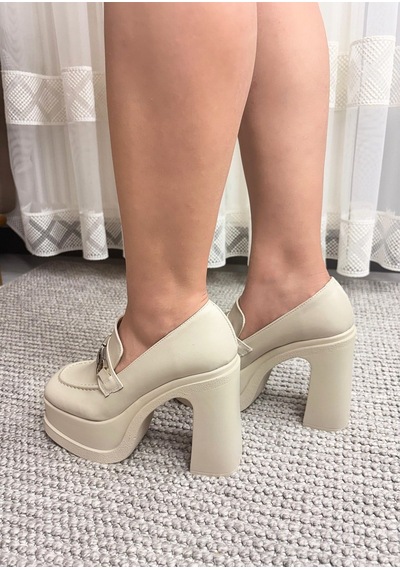 Asmi Shoes Kadın Mila Bej Kare Toka Loafer Model 12 Cm Platform Topuklu Ayakkabı