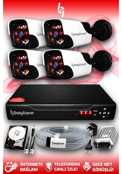 Bayicam 4 Kameralı Panda 4 Dış Kamera Set 320 GB HDD Full HD Gece Görüşlü Güvenlik Kamerası Sistemi