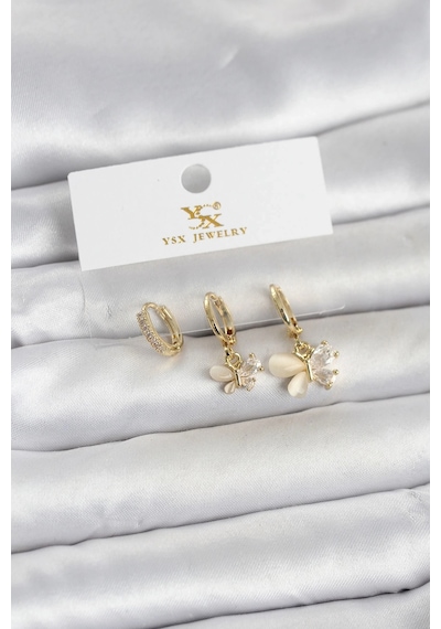 Mey İthalat Pirinç Gold Renk Kelebek Model 3'lü Kadın Küpe Çok Renkli