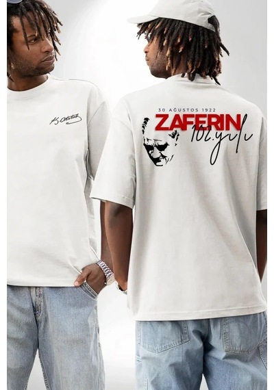 Valensdesign 30 Ağustos Zafer Bayramı Ön Arka Baskılı Oversize Bisiklet Yaka T-shirt - Beyaz