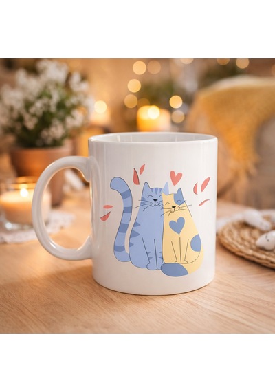 Sevimli Aşık Kediler Desenli Porselen Kupa Model 42 Love Cats Tasarım Sevgiliye Hediye, Kahve & Çay Kupası Diğer