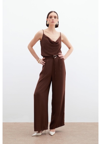 Sateen Kemerli Salaş Pantolon - Kahve-136063 Kahve