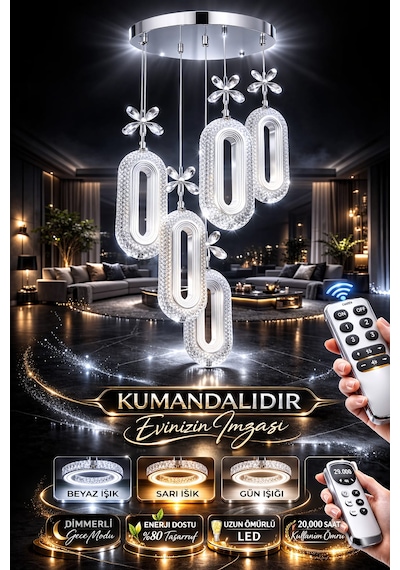 Serra 5li Gold Kumandalı 3 Renk Led Isıklı Salon Oturma Odası Avize Gümüş - Krom