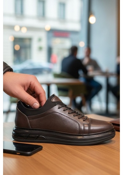 Enoch Hakiki Deri Lazer Kesim Lastikli Günlük Erkek Sneaker Comfort Taban Kahverengi