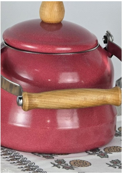 Alev Vintage Demlik Ahşap Saplı Emaye Kettle 2,5lt Kırmızı