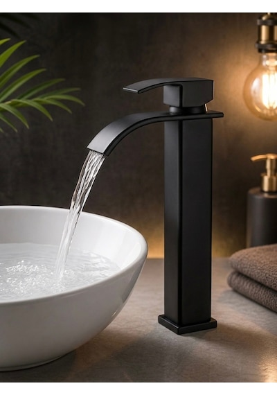 Mat Siyah Şelale Lavabo Bataryası Uzun Çanak Lavabo Musluğu Modern Çift Su Girişli Banyo Musluğu