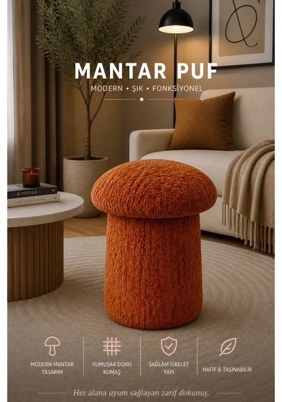 Luxury Mantar Puf İthal Bukle Kumaş, Modern & Zarif Turuncu - 873462318 Turuncu