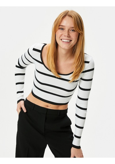 Koton Crop Triko Kazak U Yaka Fitilli Siyah Çizgili 4sak90042ht 4SAK90042HT9S9 Siyah