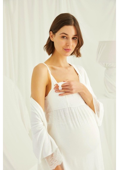 Monamise 18433489 Kadın Ekru Hamile Lohusa Seti Sabahlık Gecelik Pijama Takım