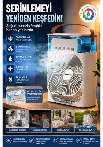 Exenar - Siyah - Buharlı Serinletici Masaüstü Mini Fan Nemlendirici Led Işıklı Hava Soğutucu Vantilatör 600ml 3kademe