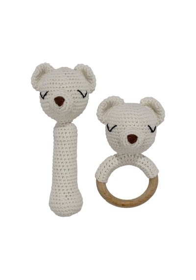 Amigurumi Sevimli Ekru Ayı Diş Kaşıyıcı Çıngıraklı Organik Oyuncak 2'li Set Çok Renkli