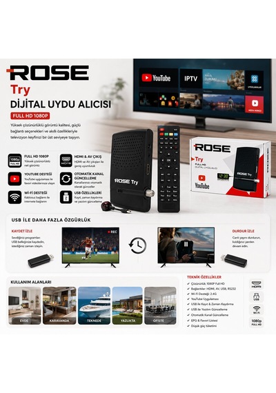 Rose Try Dijital Uydu Alıcısı Rs232 1080p Hdmı Wifi Full Hd Youtube Otomatik Kanal Güncelleme Av