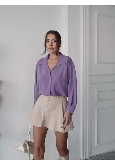 Paw Garage Kadın Perla Tek Cepli Oversize Gömlek, Geniş Kalıp Gömlek, Aerobin Gömlek Lila
