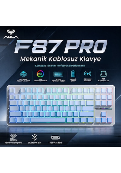 Aula F87 Pro Mekanik Rgb Tkl Graywood V4 Switch Kablosuz Makrolu Hot Swap Klavye Gradyan Mavi