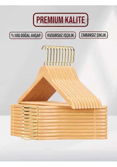 Naturel Ahşap Gold Lama Kancalı Elbise Pantolon Askısı 10 Adet Ahşap