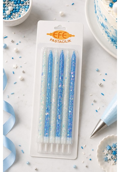 Mavi Beyaz Uzun Pul Simli Pasta Mumu 17 Cm Karışık