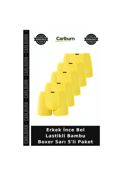 Carlburn Premium Erkek İnce Bel Lastikli Bambu Boxer Sarı 5'li Paket Günlük Pürüzsüz Yumuşak