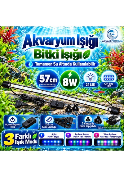 Akvaryum Işığı - Balık Işığı - Bitki Işığı - 57 Cm - 24 Led - Tamamen Su İçinde Kullanılabilir - 3 Modlu - 8w - Mükemmel Işık