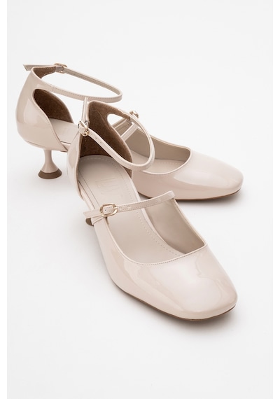 Luvishoes Luvi Shoes Emly Ekru Rugan Küt Burunlu Kadın Kısa Topuklu Ayakkabı Ekru