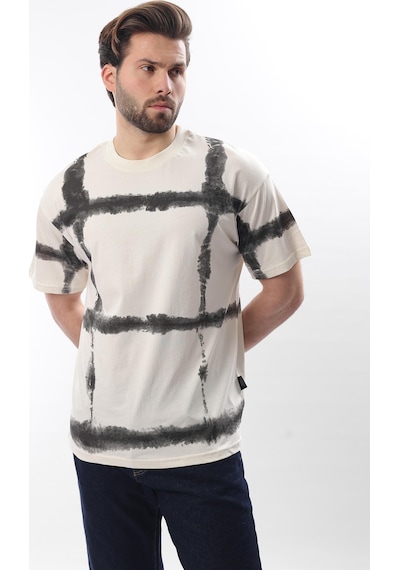 Madmext Ekru Bisiklet Yaka Baskılı Basic Erkek T-shirt E7109 Ekru