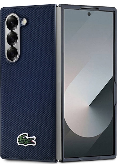 Galaxy Uyumlu Z Fold 6 Kılıf Lacoste Lisanslı Magsafe Özellik Pike Desen İkonik Timsah Dokuma Logo Lacivert