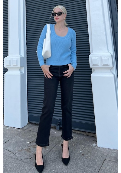 Madmext Mavi Bisiklet Yaka Basic Örme Kazak Mg2189 Mavi