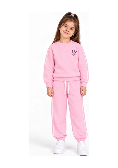 Rony Pony Kids 3 İplik Şardonlu Lavanta Detaylı Beyaz Biyeli Pembe Kız Çocuk Eşofman Takımı