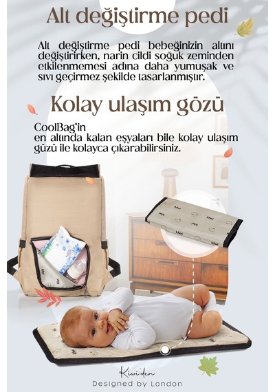 Kiwi Coolbag Anne Bebek Çantası - Bebek Bakım Çantası - Termal Gözlü Su Geçirmez Alt Açma Pedli - Gri Grii