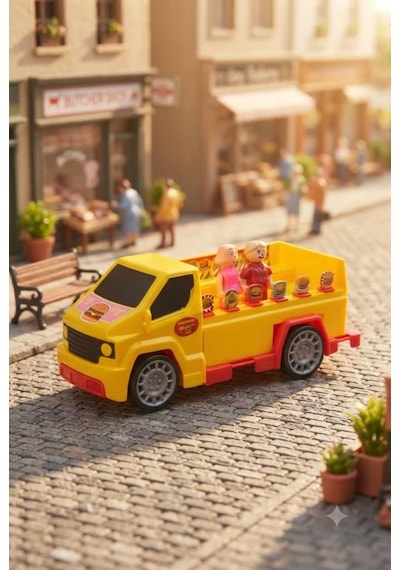 Burgervan Araçlı 2 Adet Figürlü Ve Burger Menü Aksesuarlı Oyuncak Hamburger Kamyonu Çok Renkli