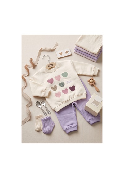 Deniva Kids Kız Bebek Ekru Lila Kalp Baskılı İki İplik Pamuklu Sweatshirt Eşofman Altı 2'li Takım Mor