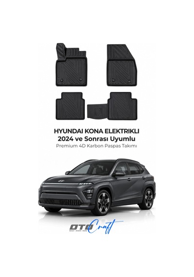 Otocraft Hyundai Kona Elektrikli 2024+ Araca Özel 4d Karbon Oto Paspas Havuzlu Tam Set