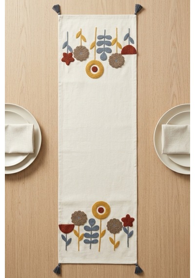 Botanik Rüya Renkli Punch Nakışlı Püsküllü Pamuk Runner 40x130 Cm Gri