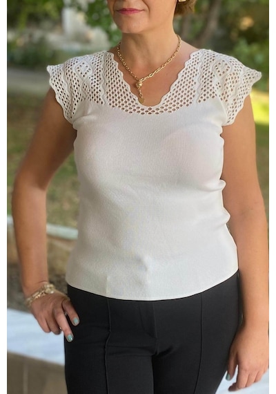 Mia Butik Kadın Beyaz Sıfır Kol Ajurlu Triko Bluz-1266 Beyaz