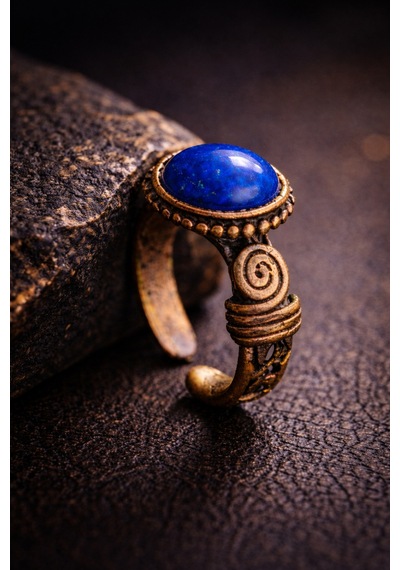 Kadın Bakır Yüzük Doğal Lapis Lazuli Taşlı El İşçiliği Otantik Model Saf Bakır Yüzük
