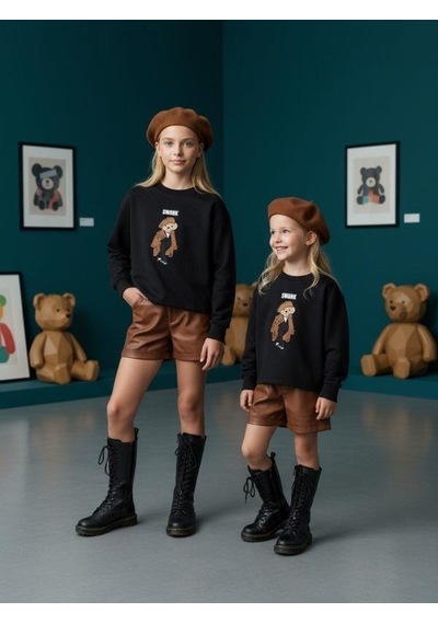 Kız Çocuk İki İplik Ayıcık Nakışlı Tasarım Sweatshirt-16467 Siyah